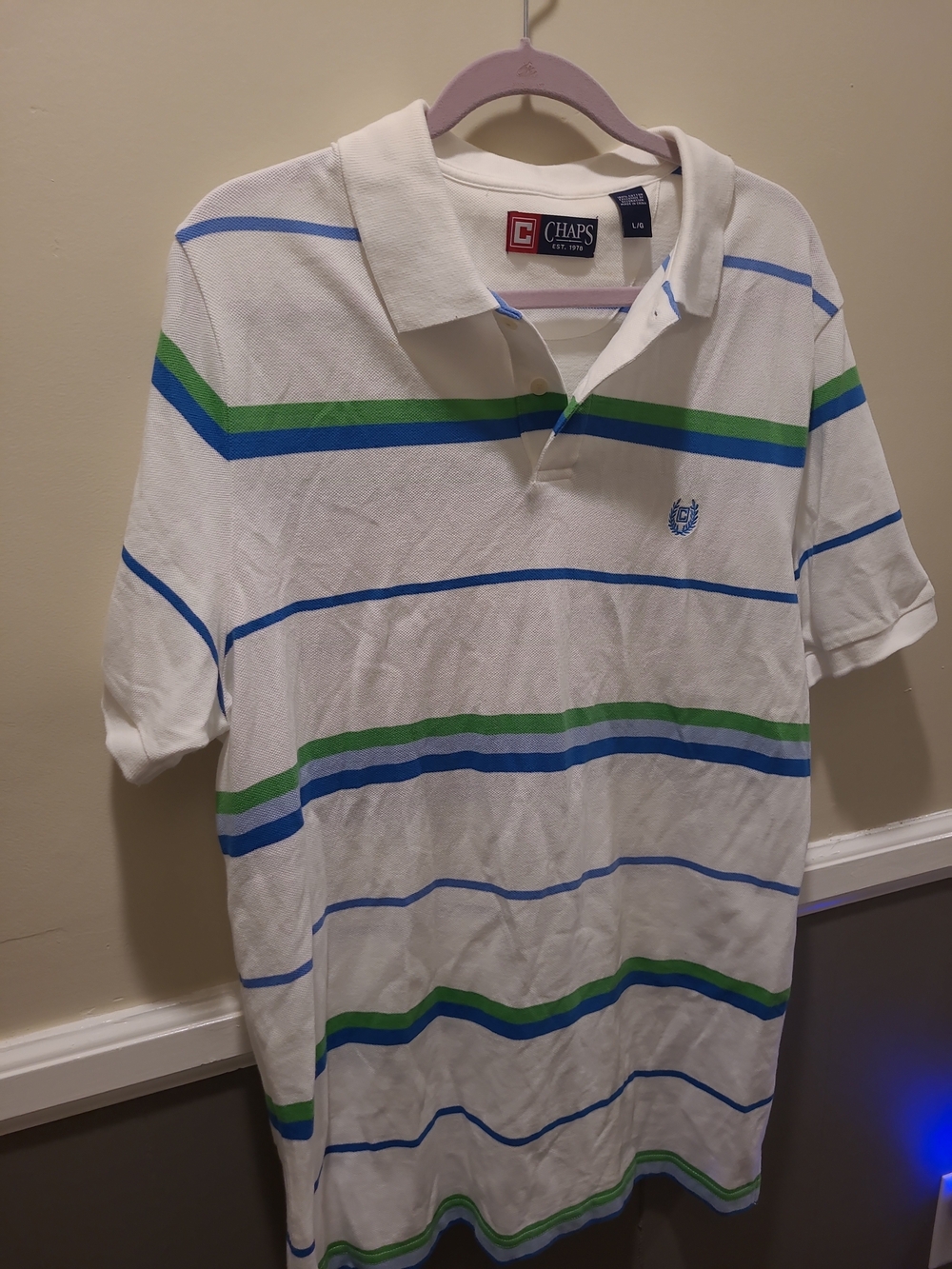 CHAPS MEN'S Size L, Blues, White & Green Striped Polo Shirt Crest